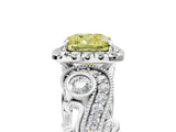 White gold Fancy Yellow Cushion Cut Halo Diamond Ring with Milgrain and Bezel Accents on a Split Shank Band_17