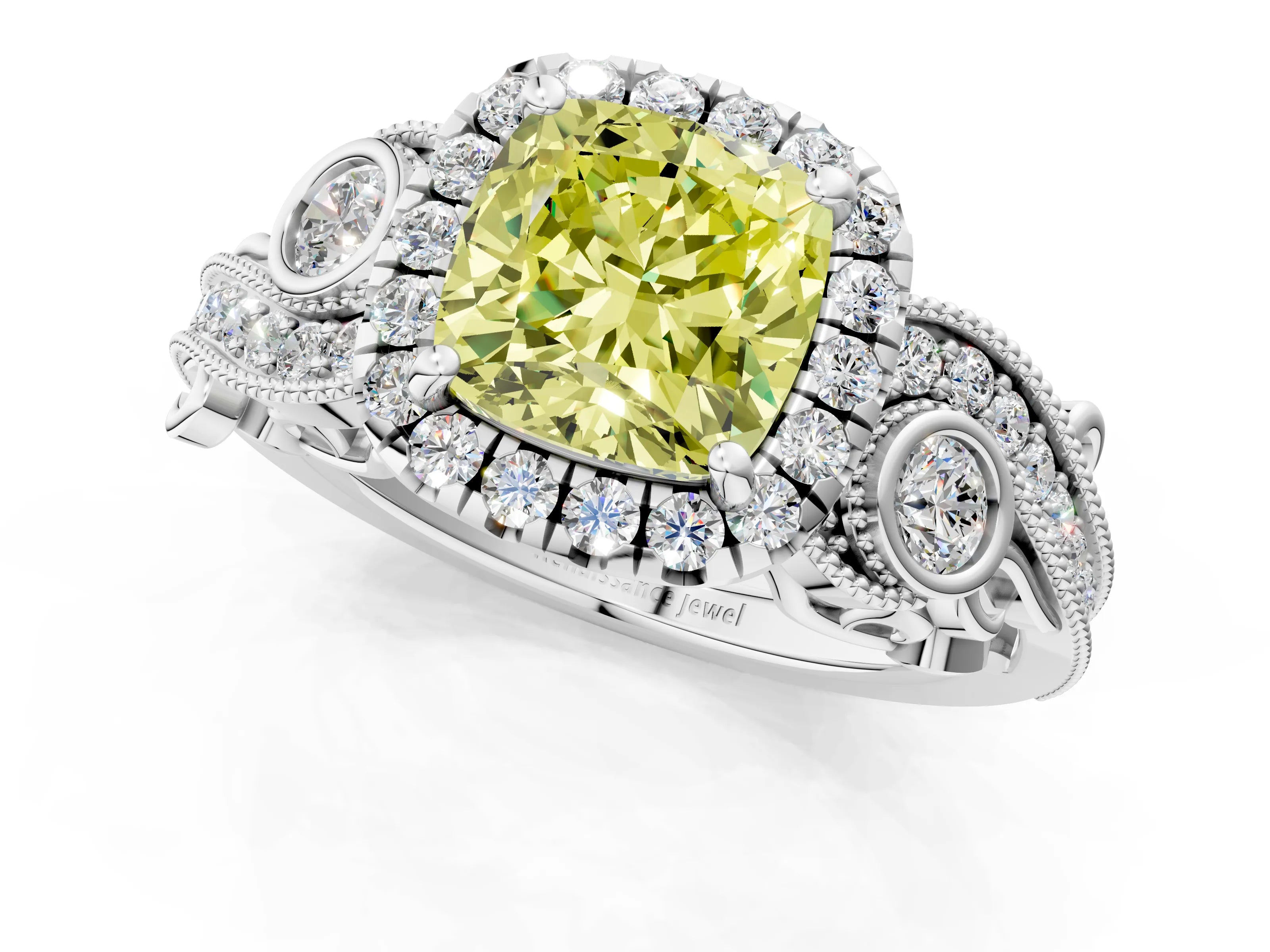 White gold Fancy Yellow Cushion Cut Halo Diamond Ring with Milgrain and Bezel Accents on a Split Shank Band_1