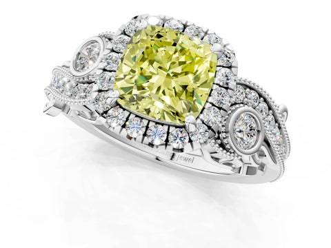 White gold Fancy Yellow Cushion Cut Halo Diamond Ring with Milgrain and Bezel Accents on a Split Shank Band_1