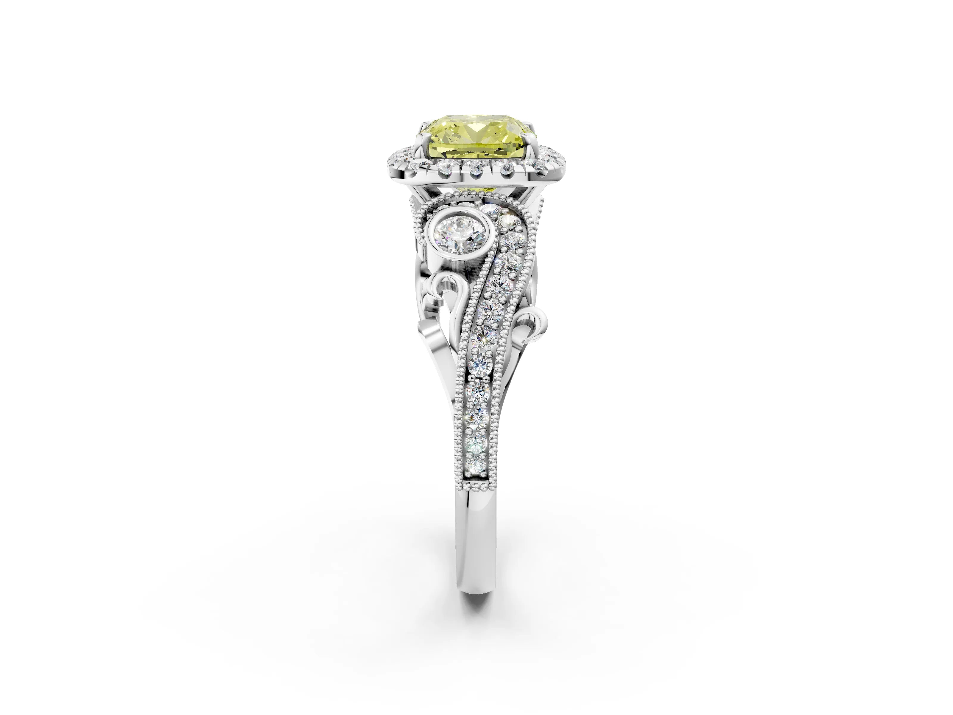 White gold Fancy Yellow Cushion Cut Halo Diamond Ring with Milgrain and Bezel Accents on a Split Shank Band_2