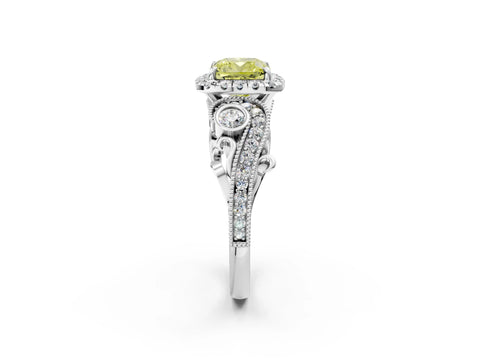 White gold Fancy Yellow Cushion Cut Halo Diamond Ring with Milgrain and Bezel Accents on a Split Shank Band_2