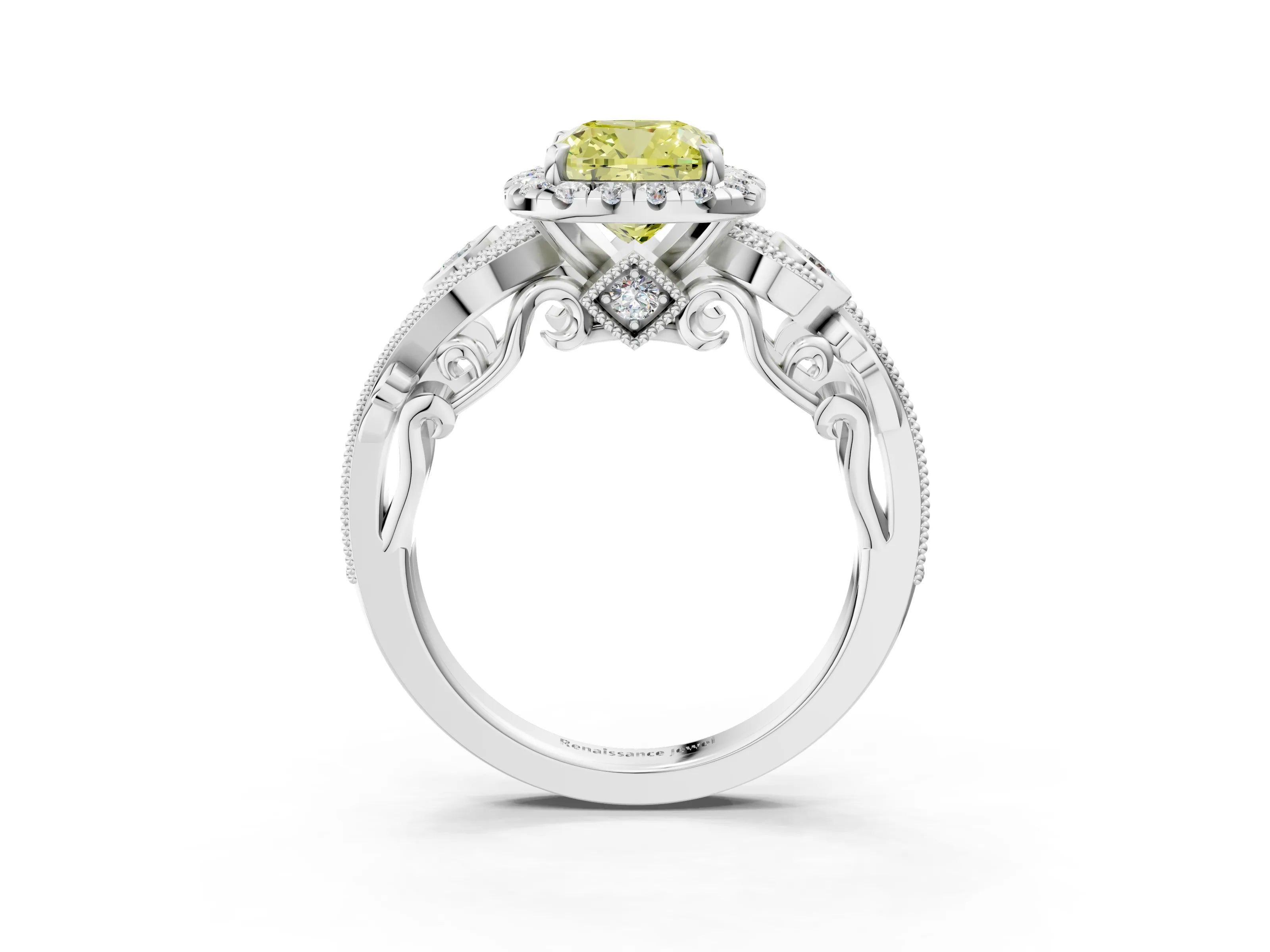 White gold Fancy Yellow Cushion Cut Halo Diamond Ring with Milgrain and Bezel Accents on a Split Shank Band_3