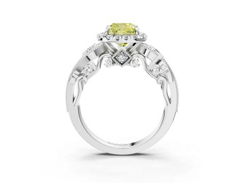 White gold Fancy Yellow Cushion Cut Halo Diamond Ring with Milgrain and Bezel Accents on a Split Shank Band_3