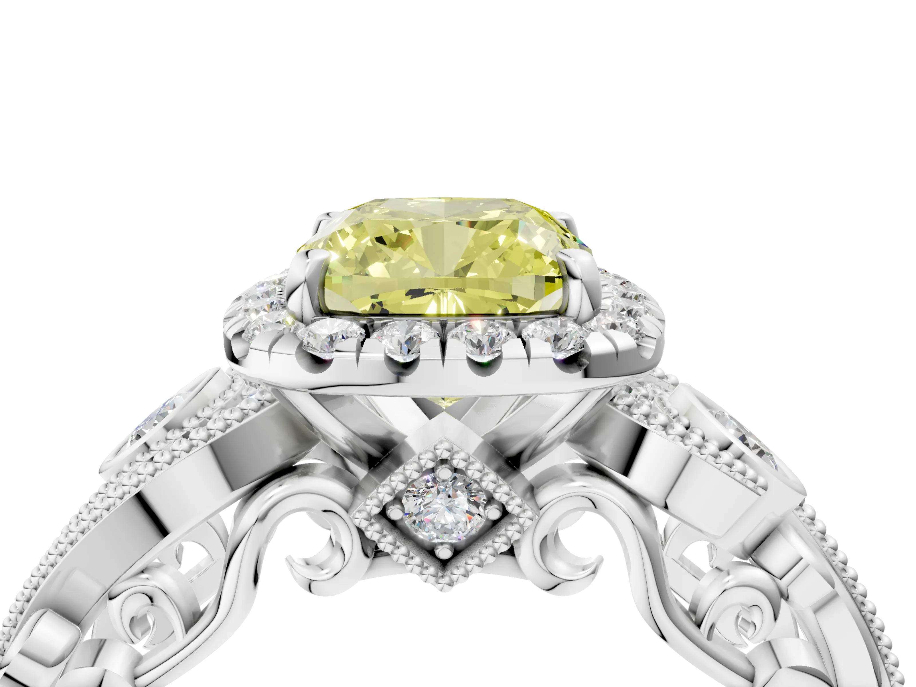 White gold Fancy Yellow Cushion Cut Halo Diamond Ring with Milgrain and Bezel Accents on a Split Shank Band_4