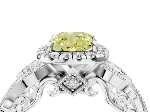 White gold Fancy Yellow Cushion Cut Halo Diamond Ring with Milgrain and Bezel Accents on a Split Shank Band_4