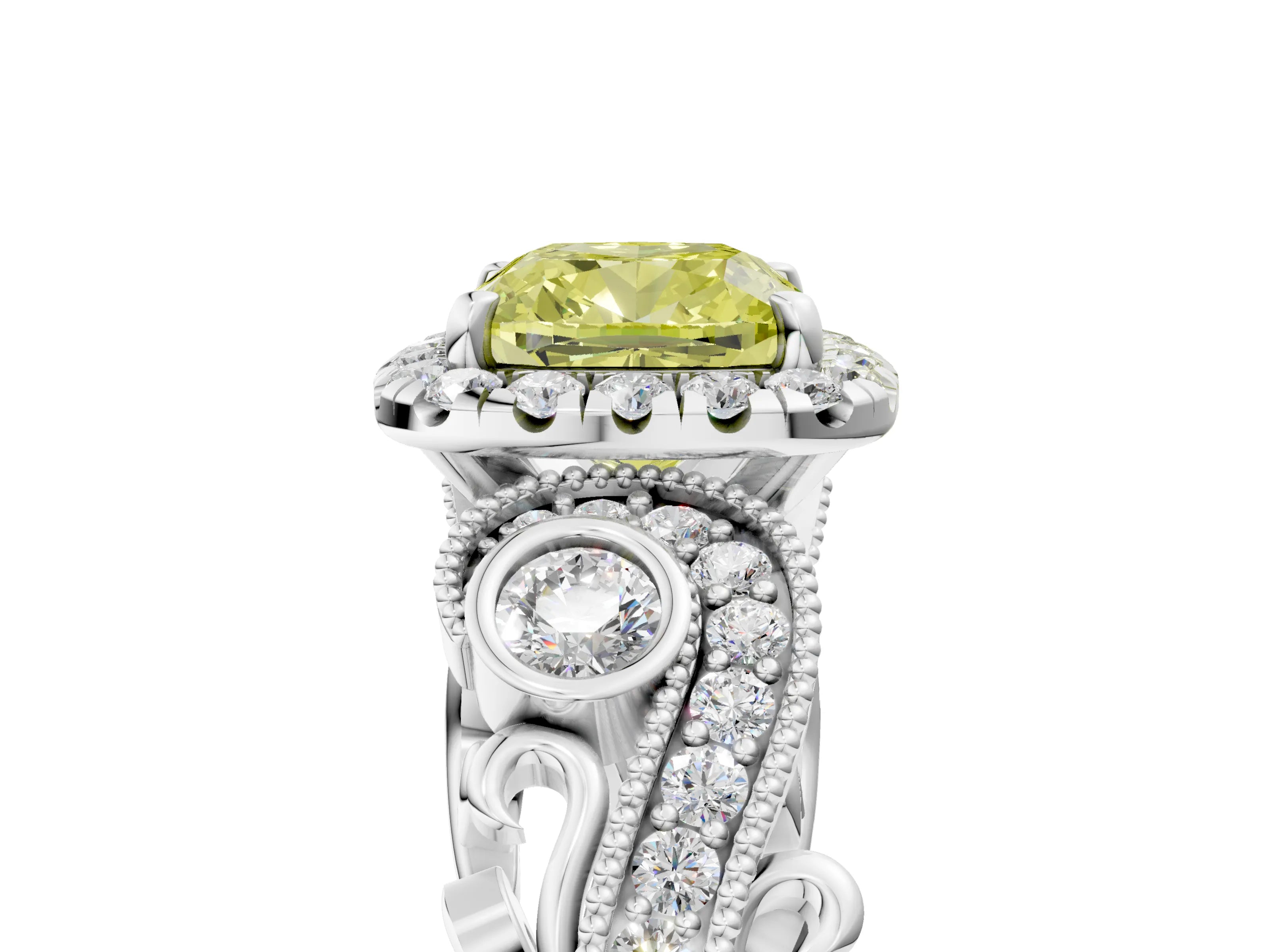 White gold Fancy Yellow Cushion Cut Halo Diamond Ring with Milgrain and Bezel Accents on a Split Shank Band_5