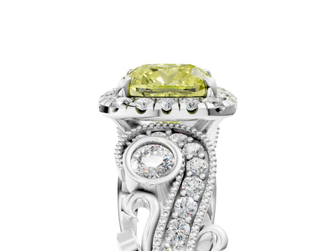 White gold Fancy Yellow Cushion Cut Halo Diamond Ring with Milgrain and Bezel Accents on a Split Shank Band_5
