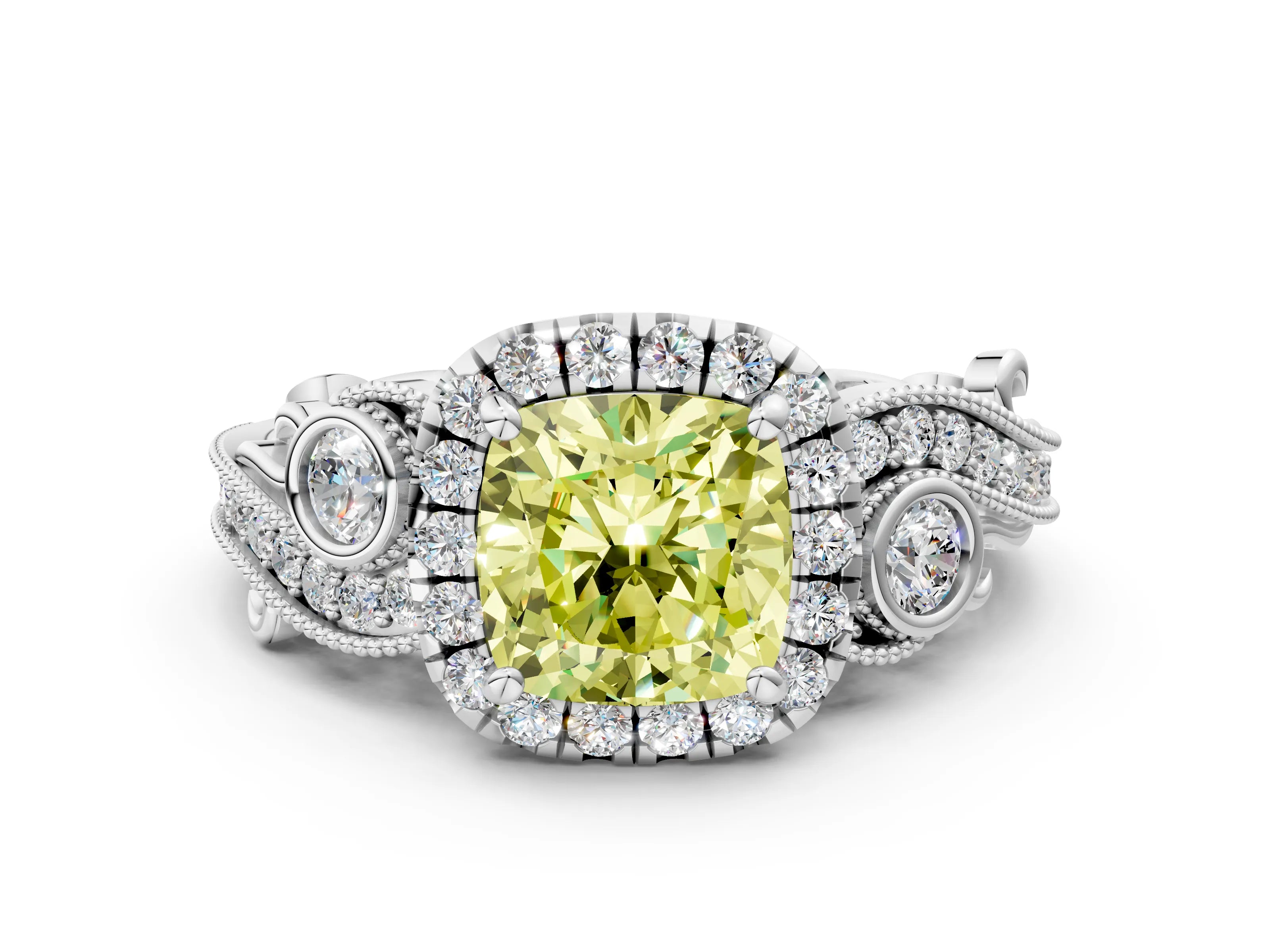 White gold Fancy Yellow Cushion Cut Halo Diamond Ring with Milgrain and Bezel Accents on a Split Shank Band