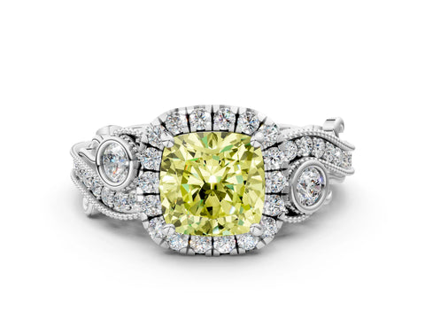White gold Fancy Yellow Cushion Cut Halo Diamond Ring with Milgrain and Bezel Accents on a Split Shank Band