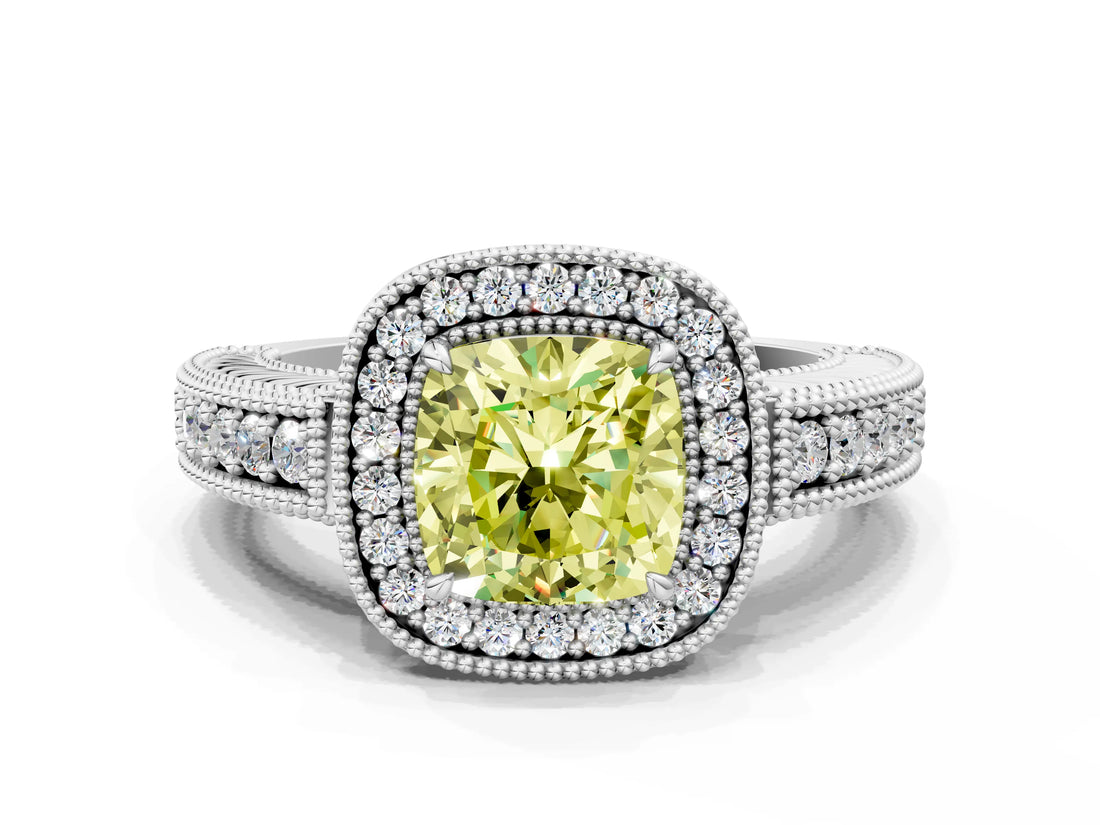 White gold Fancy Yellow Cushion  Cut Halo Diamond Ring with Pavé Band and Four-Prong Setting_105