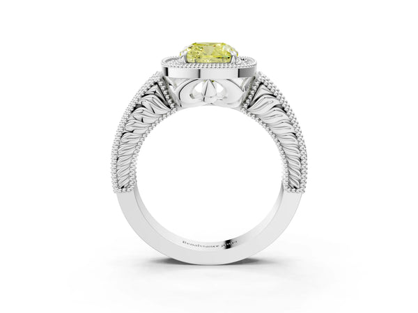 White gold Fancy Yellow Cushion  Cut Halo Diamond Ring with Pavé Band and Four-Prong Setting