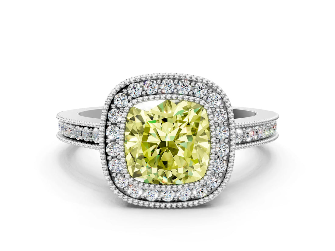 White gold Fancy Yellow Cushion  Cut Halo Diamond Ring with Pavé Band and Milgrain Prong Setting_33