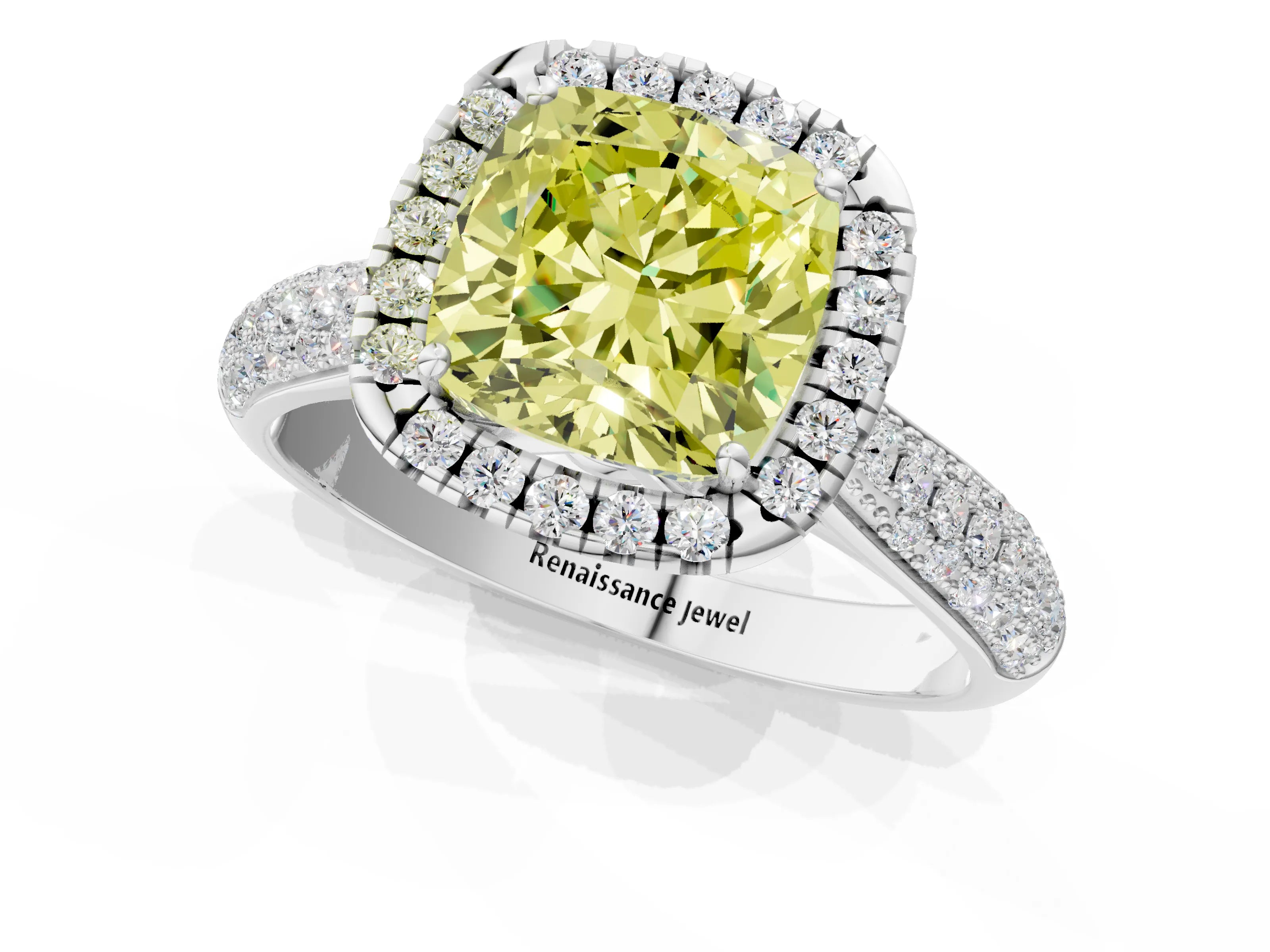 White gold Fancy Yellow Cushion Cut Halo Diamond Ring with Pavé Band_1