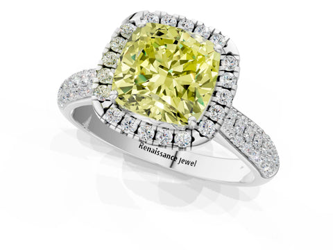 White gold Fancy Yellow Cushion Cut Halo Diamond Ring with Pavé Band_1