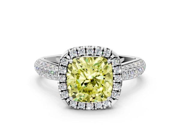 Platinum Fancy Yellow Cushion Cut Halo Diamond Ring with Pavé Band