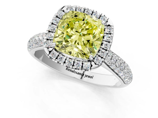 Platinum Fancy Yellow Cushion Cut Halo Diamond Ring with Pavé Band