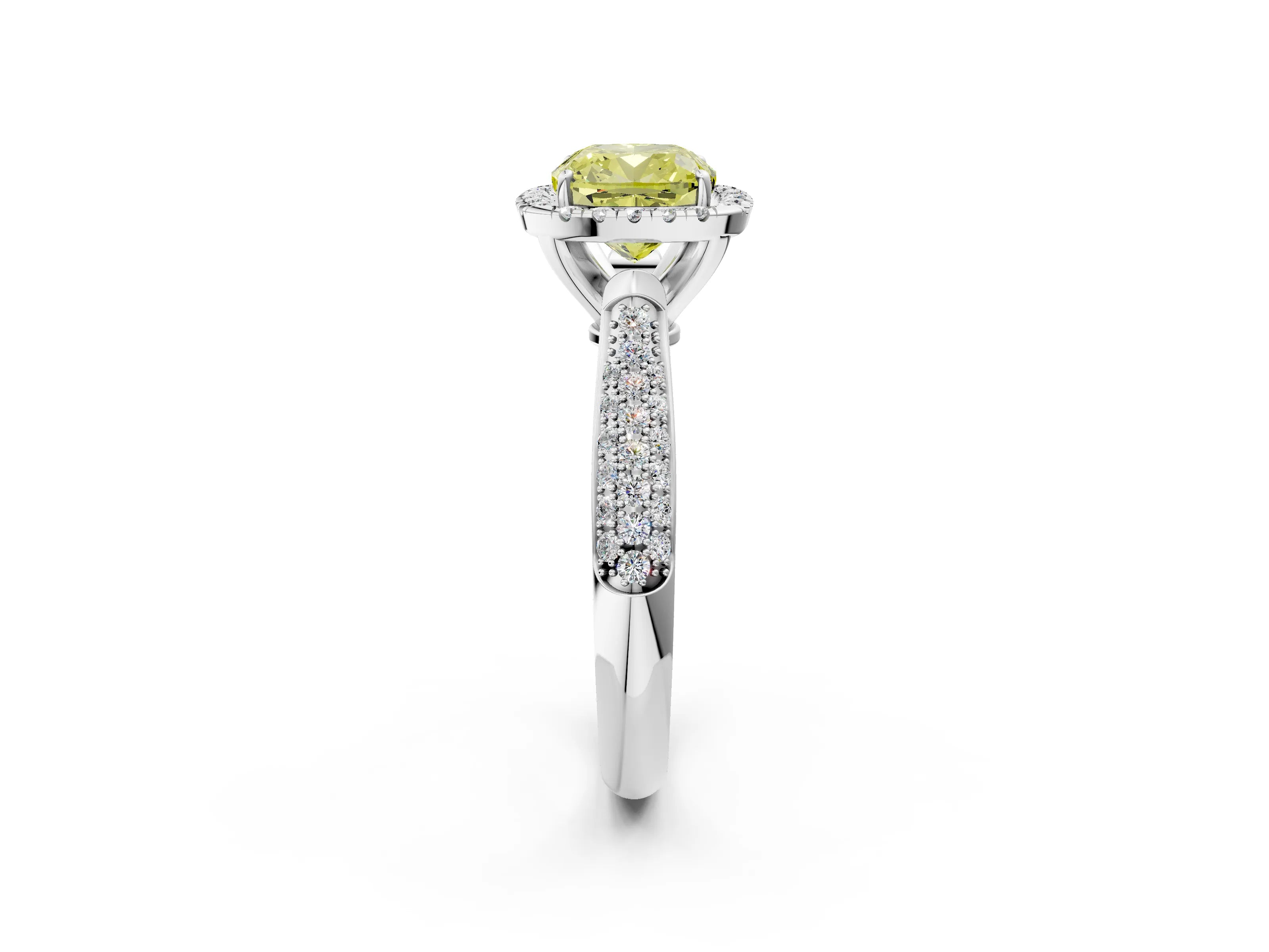 White gold Fancy Yellow Cushion Cut Halo Diamond Ring with Pavé Band_26