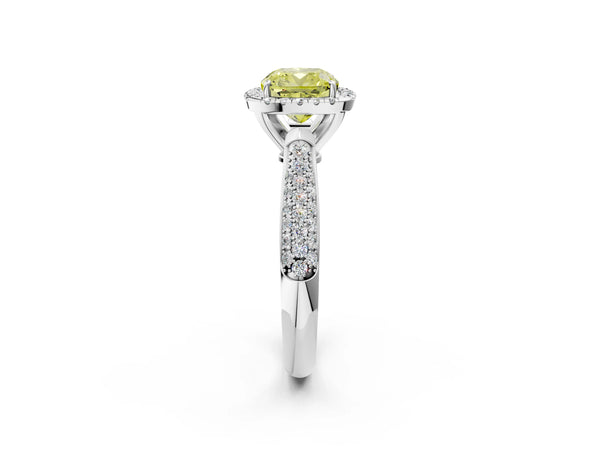 Platinum Fancy Yellow Cushion Cut Halo Diamond Ring with Pavé Band