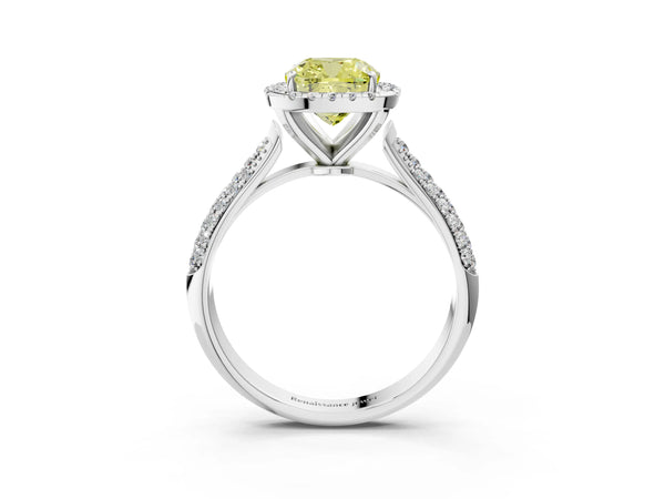 Platinum Fancy Yellow Cushion Cut Halo Diamond Ring with Pavé Band