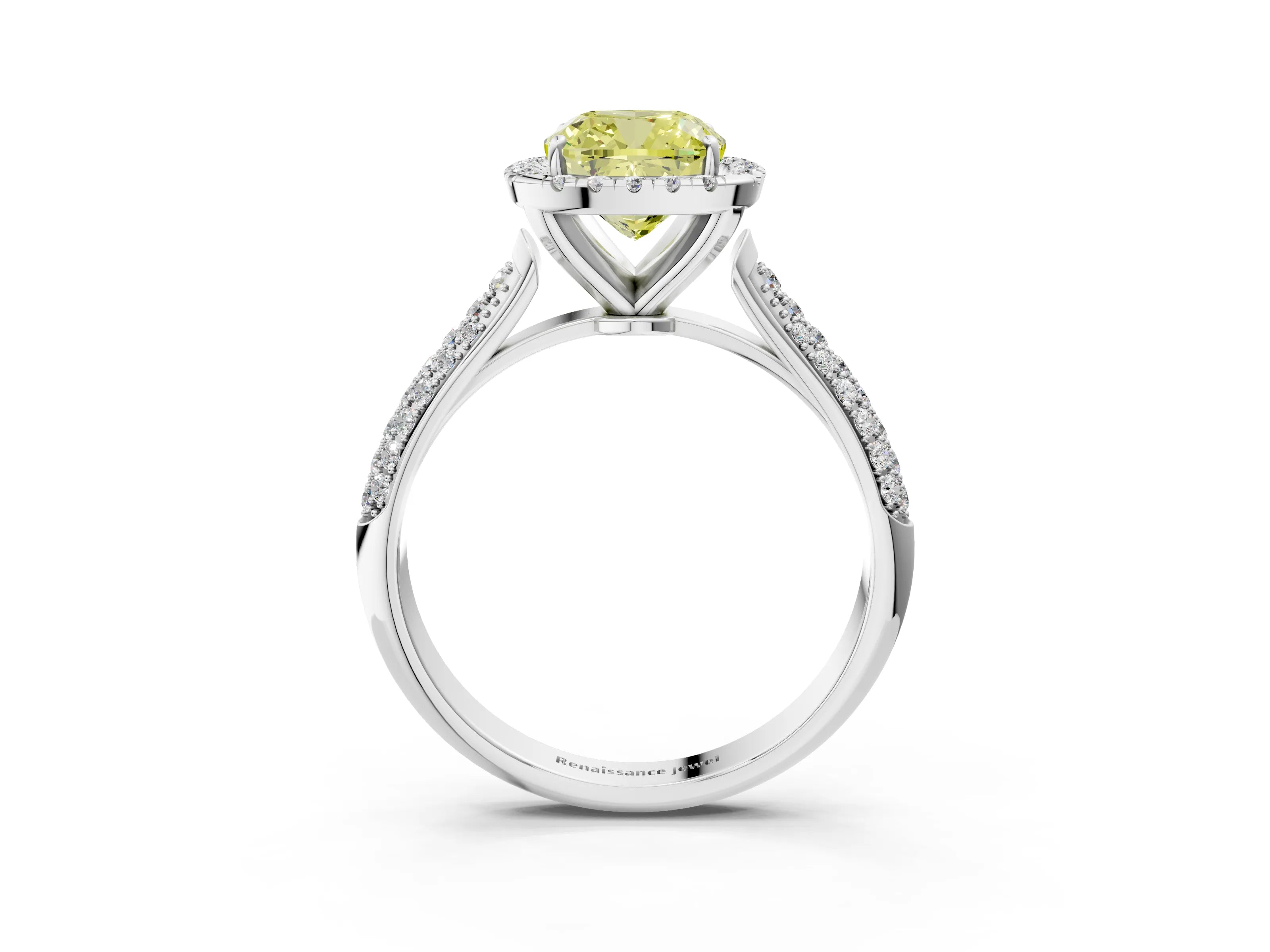 White gold Fancy Yellow Cushion Cut Halo Diamond Ring with Pavé Band_27