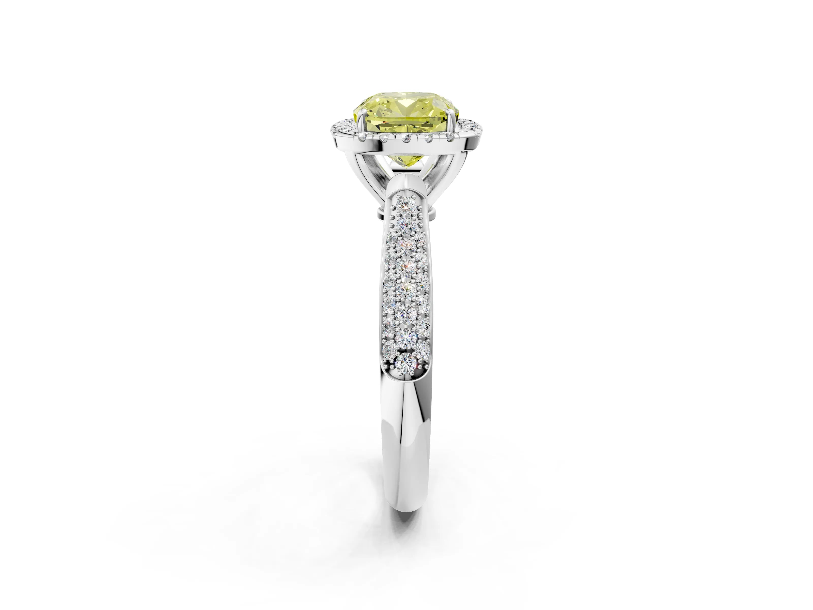 White gold Fancy Yellow Cushion Cut Halo Diamond Ring with Pavé Band_2