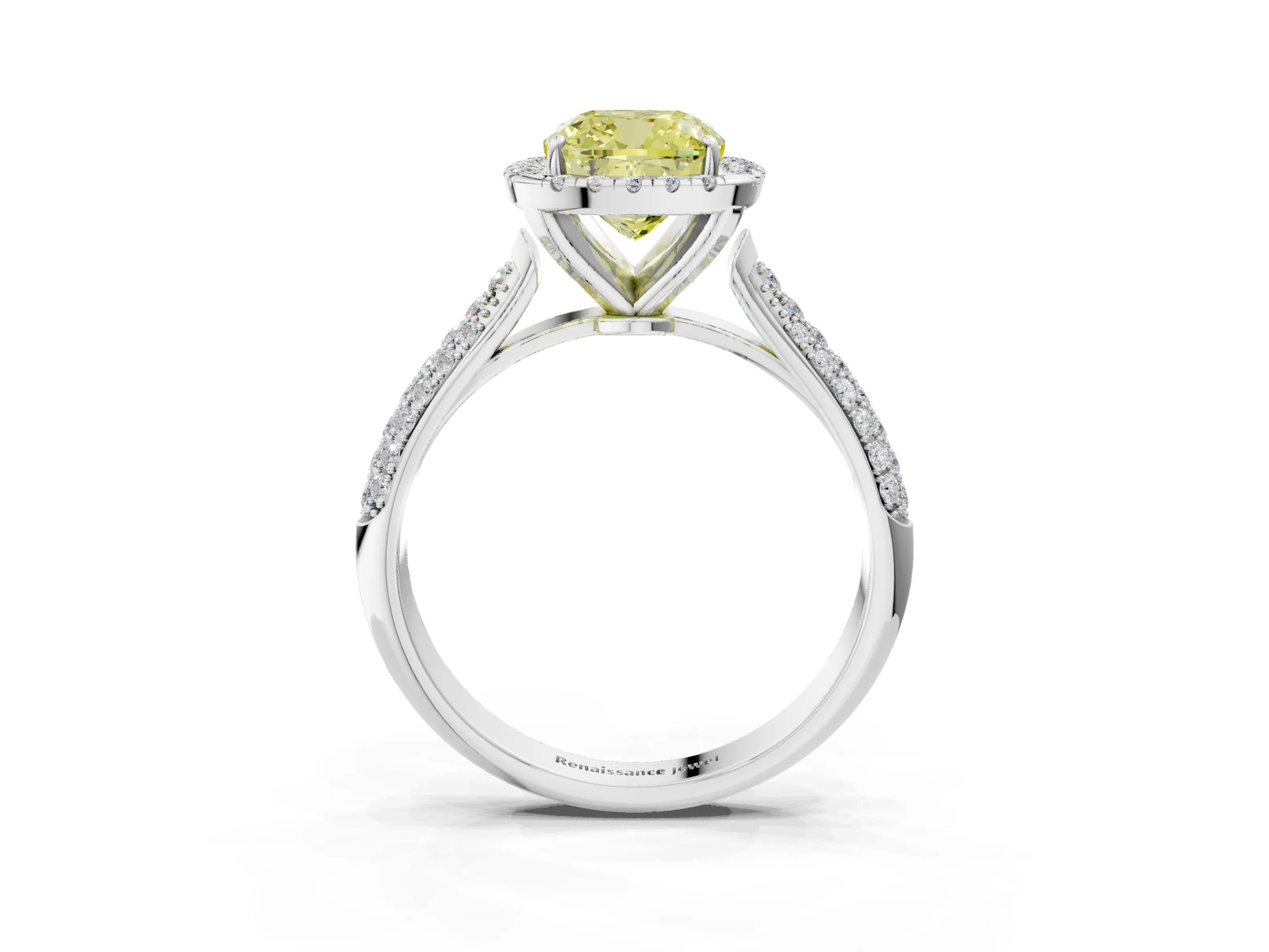 White gold Fancy Yellow Cushion Cut Halo Diamond Ring with Pavé Band_3