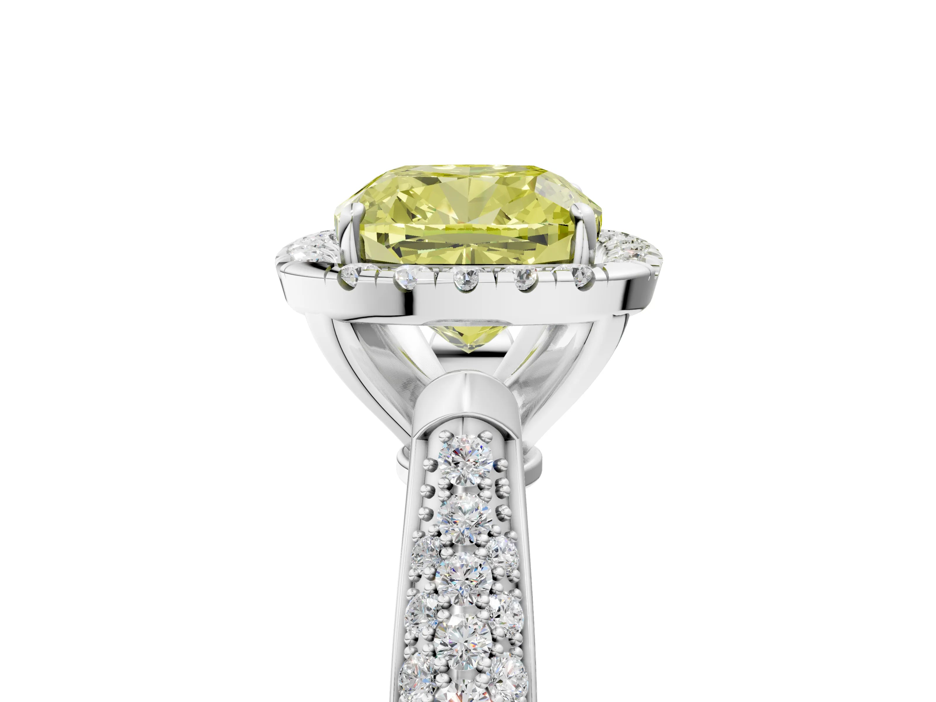 White gold Fancy Yellow Cushion Cut Halo Diamond Ring with Pavé Band_5
