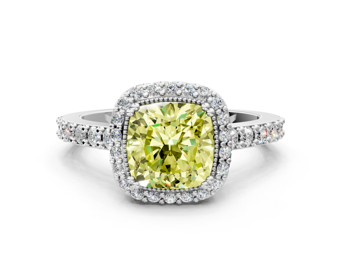 White gold Fancy Yellow Cushion  Cut Halo Diamond Ring with Pave Band and Four-Prong Setting_24