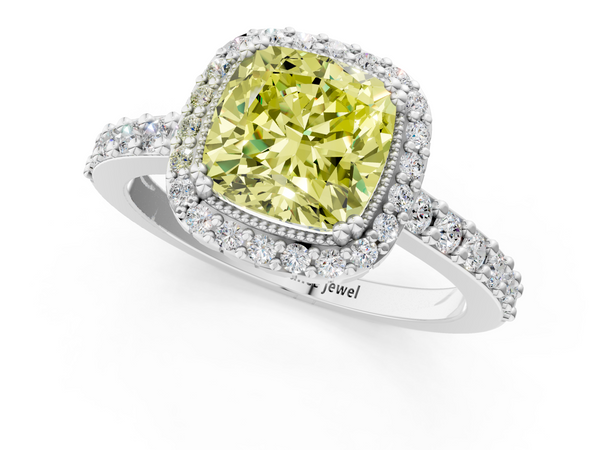 White gold Fancy Yellow Cushion  Cut Diamond Halo Engagement Ring with Milgrain Detail and Pavé Band