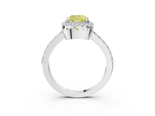 White gold Fancy Yellow Cushion  Cut Diamond Halo Engagement Ring with Milgrain Detail and Pavé Band