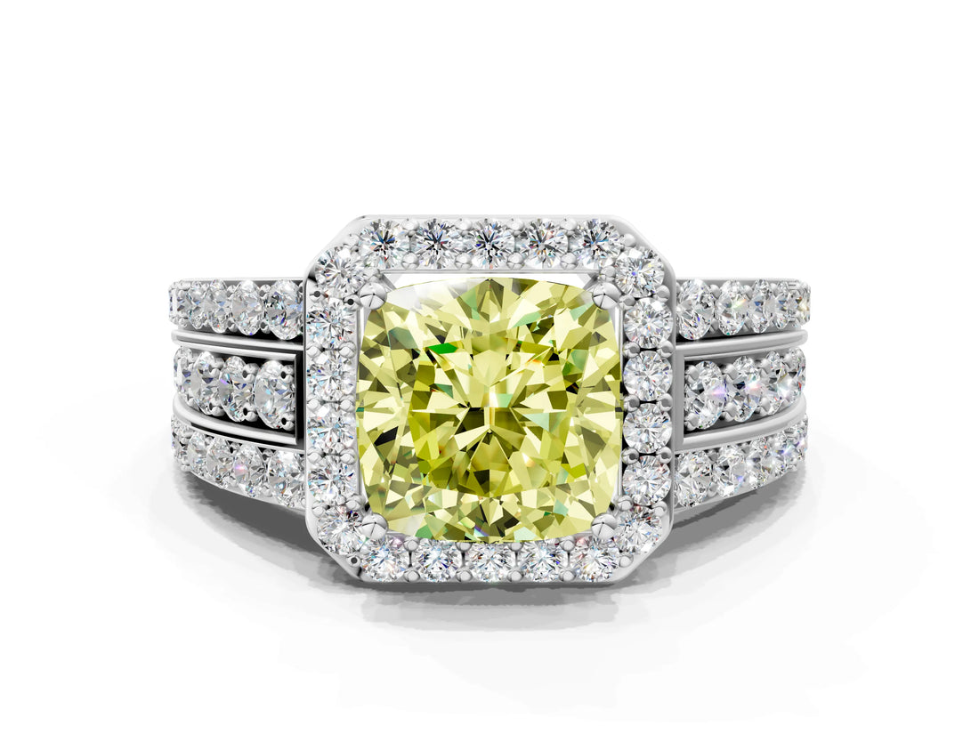 White gold Fancy Yellow Cushion Cut Halo Diamond Ring with Round  Split Shank and Prong Setting_108