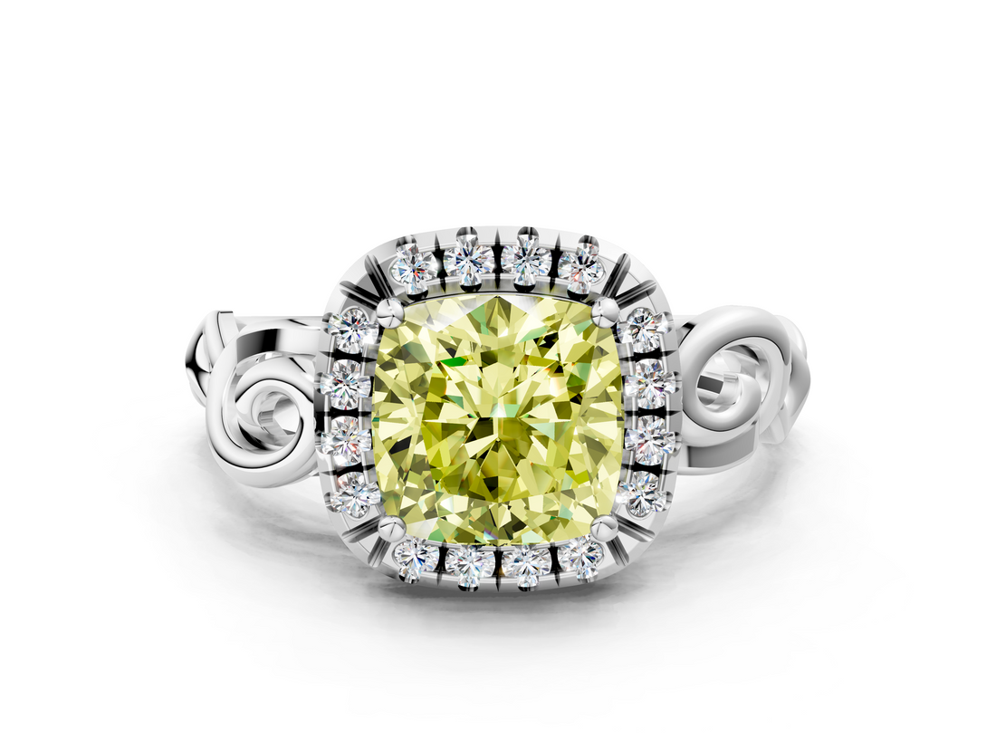 White gold Fancy Yellow Cushion  Cut Halo Diamond Ring with Scrollwork Band and Four-Prong Setting_46