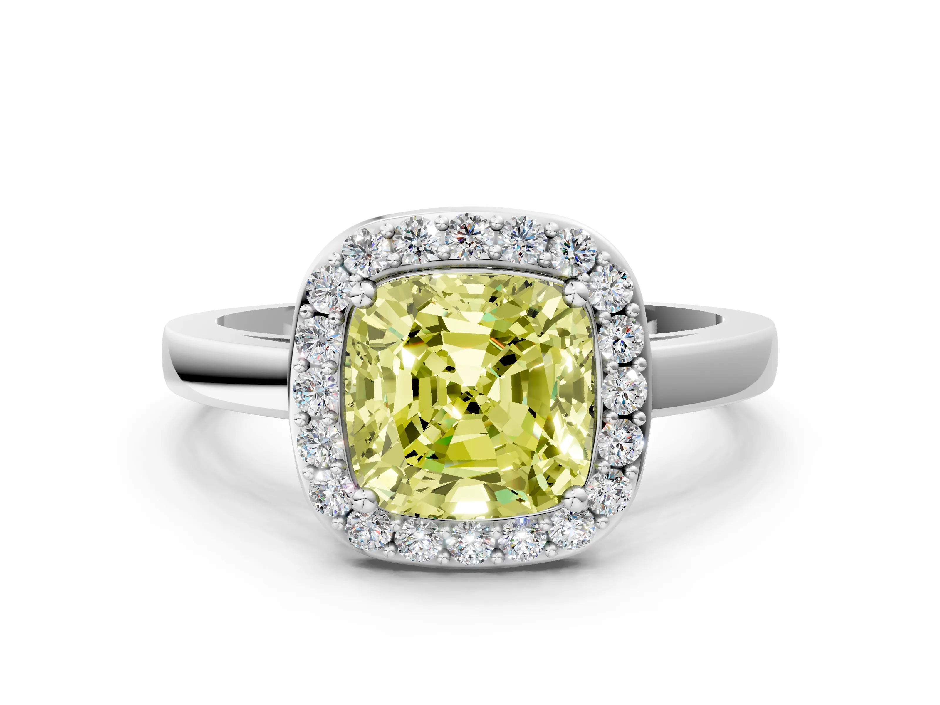 White gold Fancy Yellow Cushion Cut Halo Diamond Ring with Solitaire Band and Prong Setting