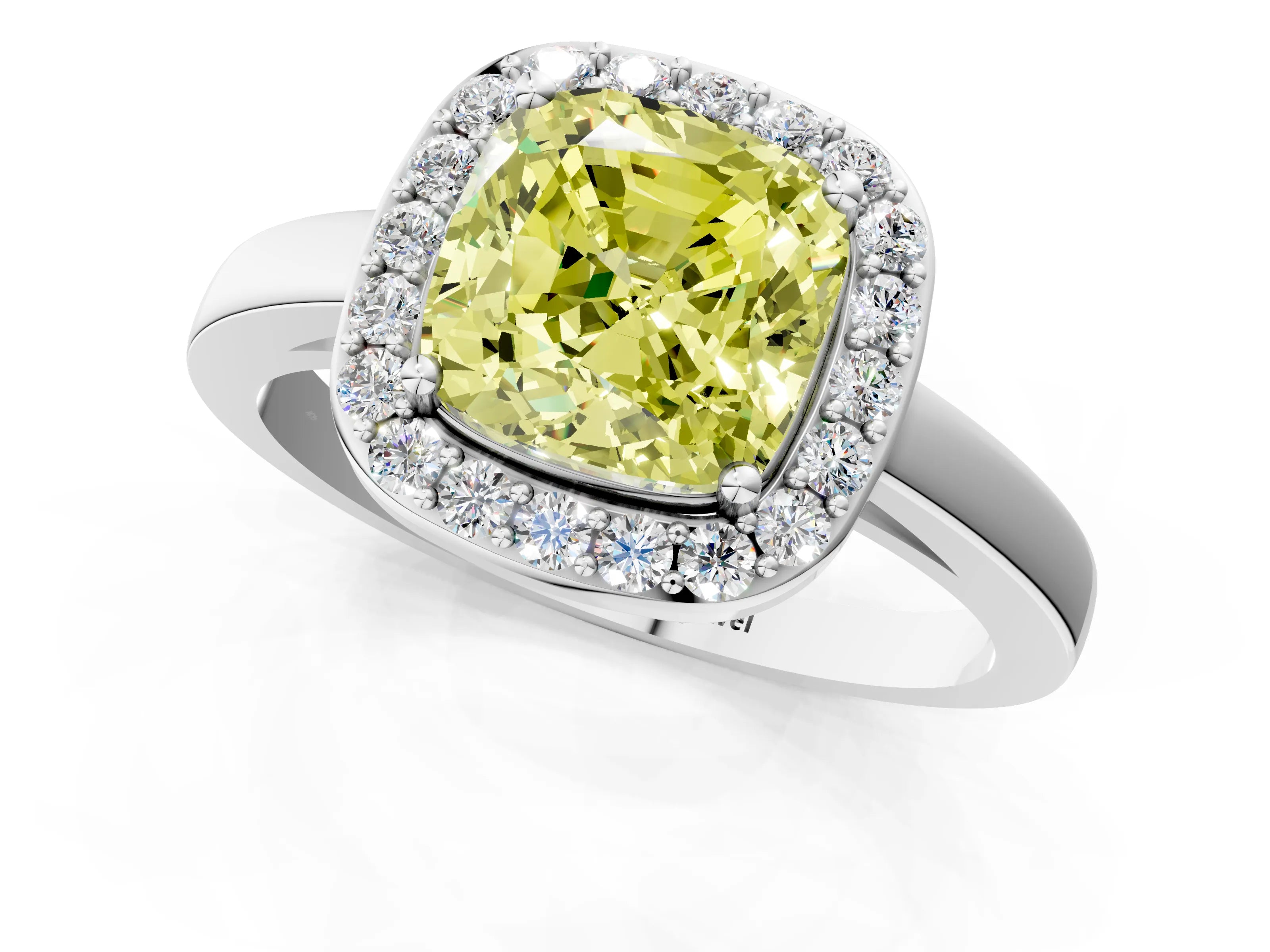 White gold Fancy Yellow Cushion Cut Halo Diamond Ring with Solitaire Band and Prong Setting_1