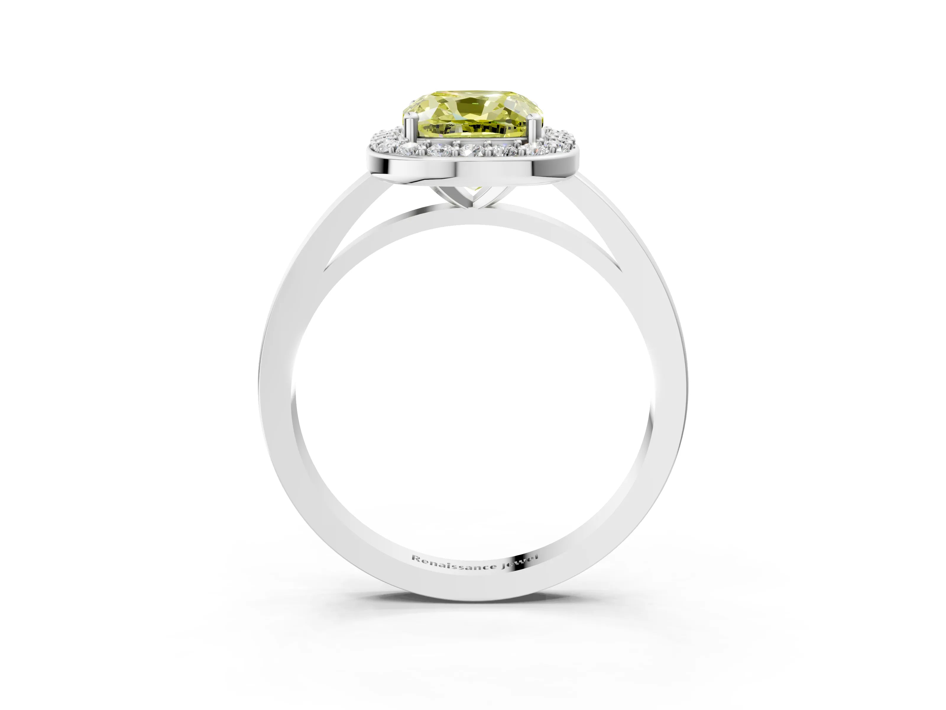 White gold Fancy Yellow Cushion Cut Halo Diamond Ring with Solitaire Band and Prong Setting_3