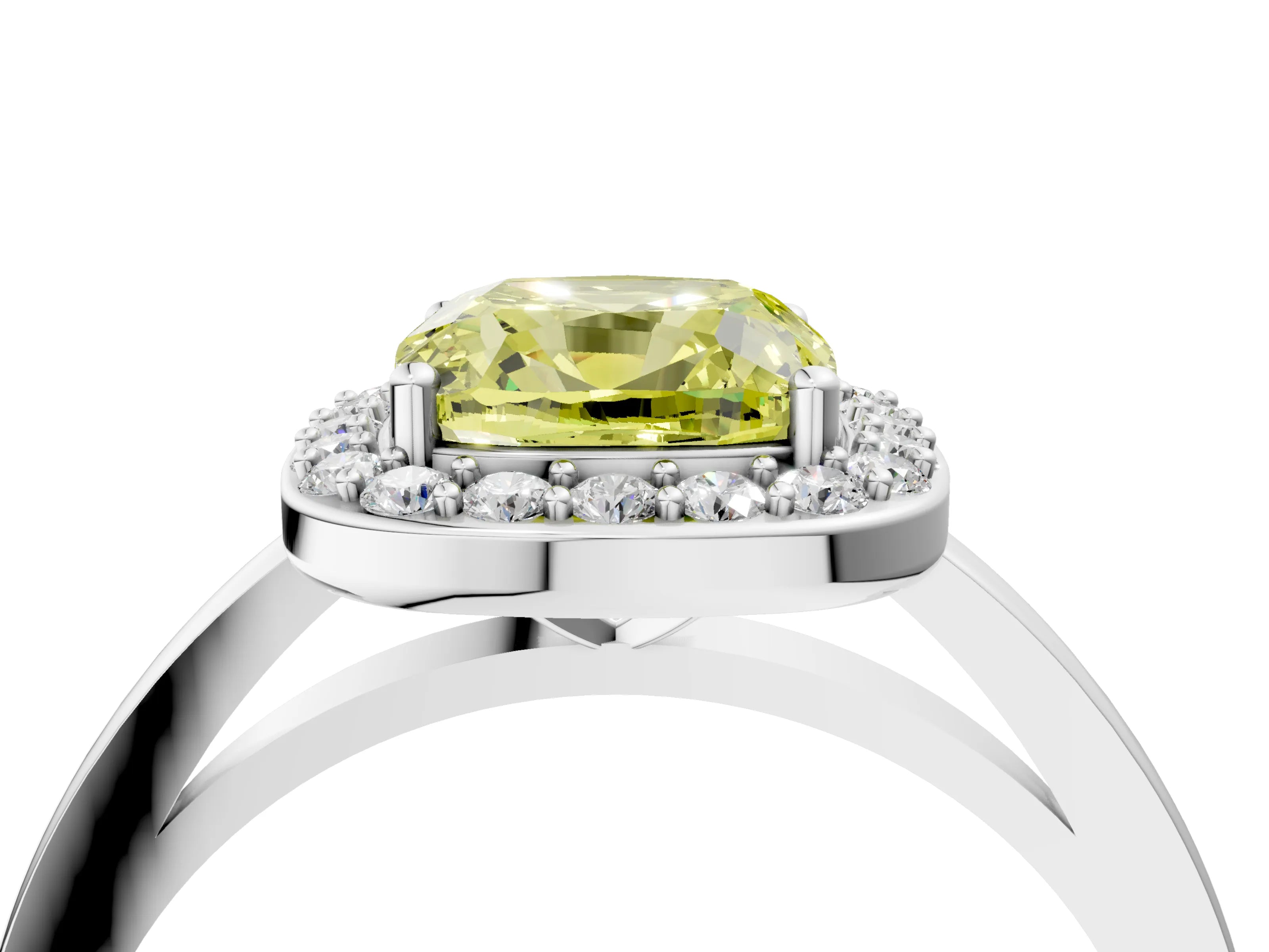 White gold Fancy Yellow Cushion Cut Halo Diamond Ring with Solitaire Band and Prong Setting_4