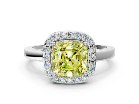 White gold Fancy Yellow Cushion Cut Halo Diamond Ring with Solitaire Band and Prong Setting