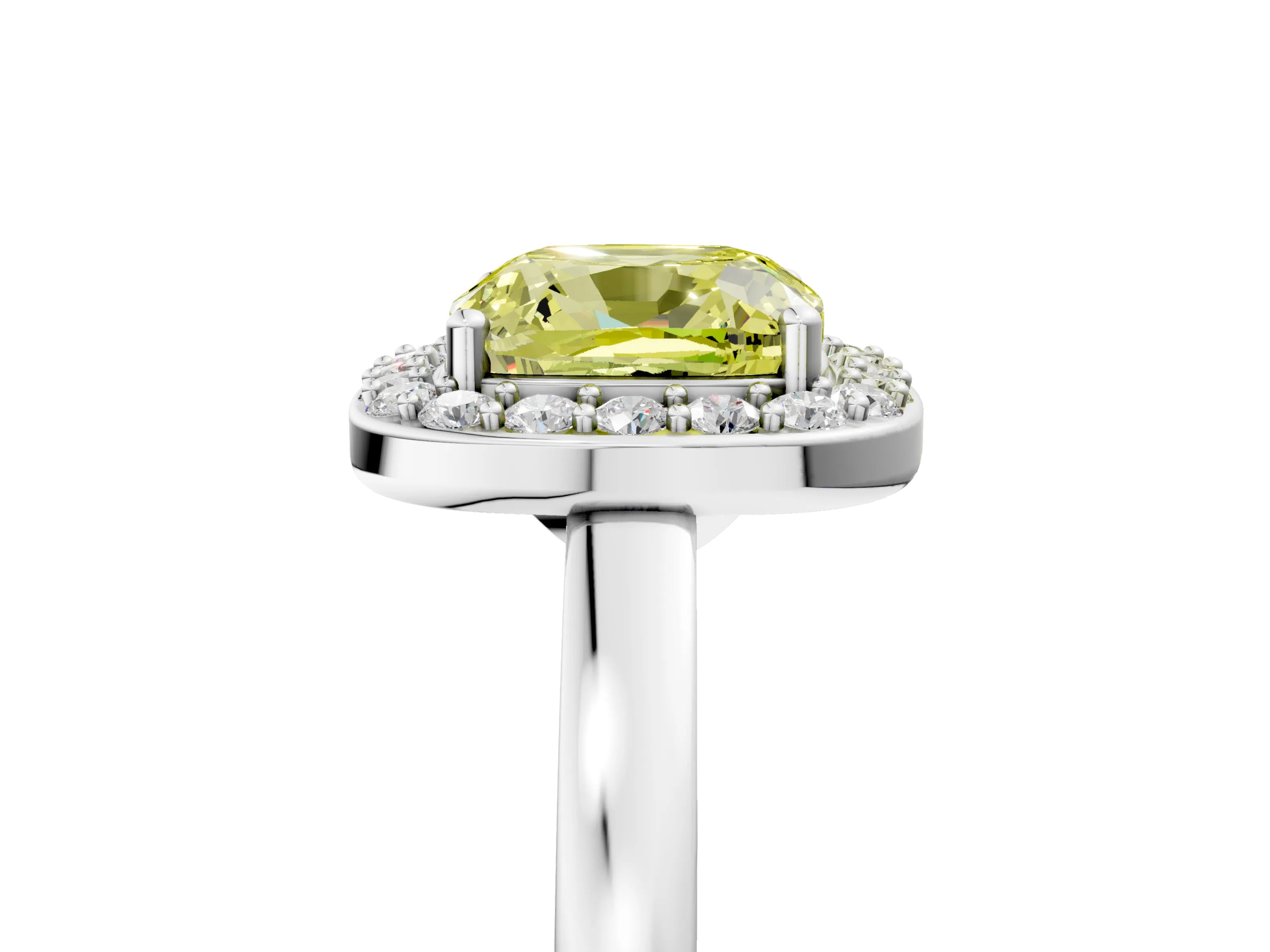 White gold Fancy Yellow Cushion Cut Halo Diamond Ring with Solitaire Band and Prong Setting_5