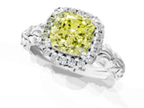 White gold Fancy Yellow Cushion Cut Halo Diamond Solitaire with Filigree Band and Four-Prong Setting_1