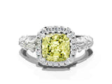 White gold Fancy Yellow Cushion Cut Halo Diamond Solitaire with Filigree Band and Four-Prong Setting