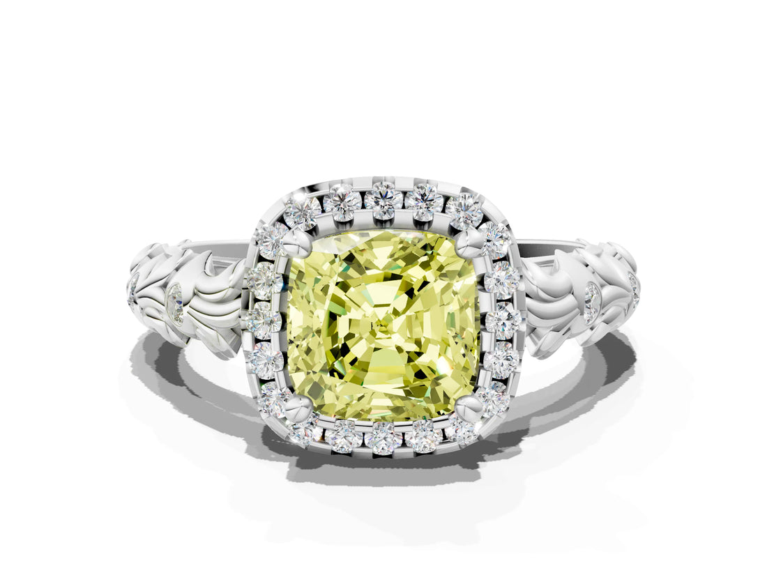 White gold Fancy Yellow Cushion Cut Halo Diamond Solitaire with Filigree Band and Four-Prong Setting