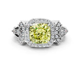 White gold Fancy Yellow Cushion Cut Halo Diamond Split Shank Engagement Ring with Four-Prong Setting
