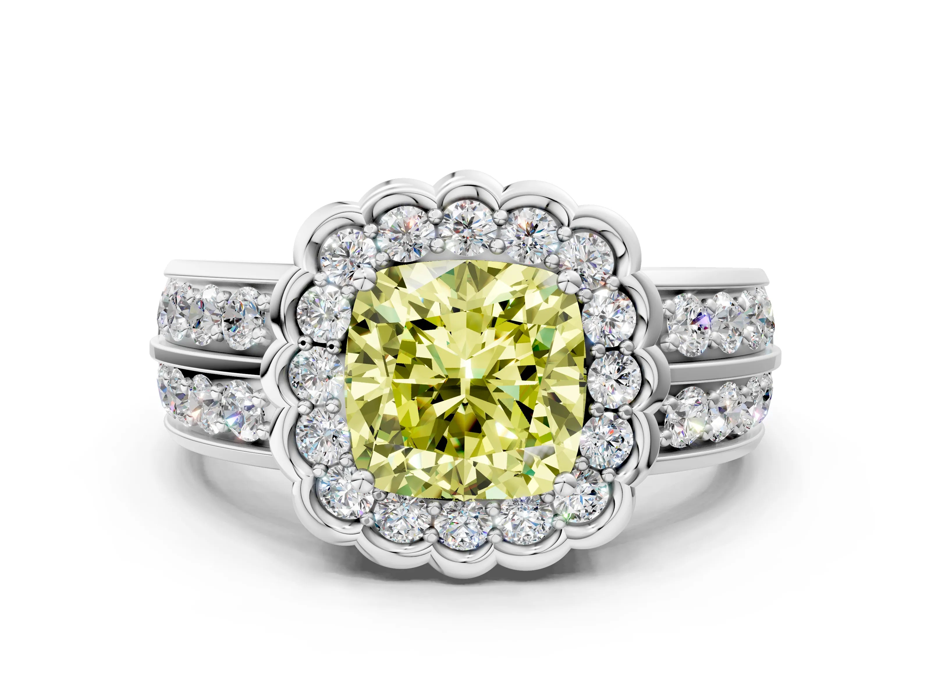 White gold Fancy Yellow Cushion Cut Halo Diamond Split Shank Ring with Scalloped Prong Setting_12