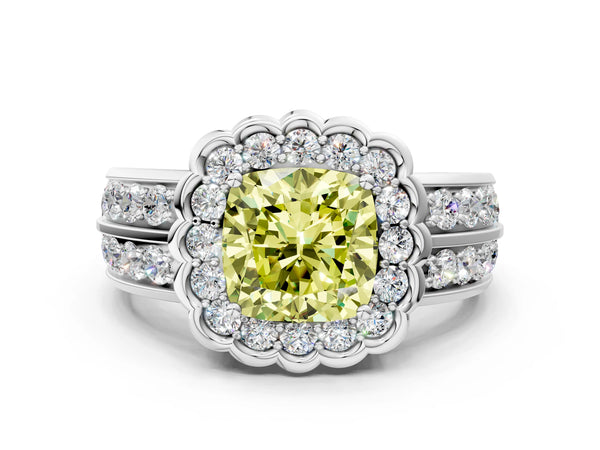 Platinum Fancy Yellow Cushion Cut Halo Diamond Split Shank Ring with Scalloped Prong Setting