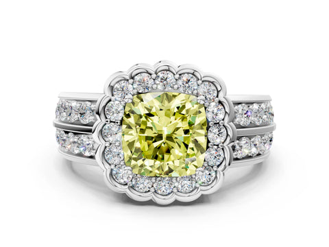 White gold Fancy Yellow Cushion Cut Halo Diamond Split Shank Ring with Scalloped Prong Setting_12