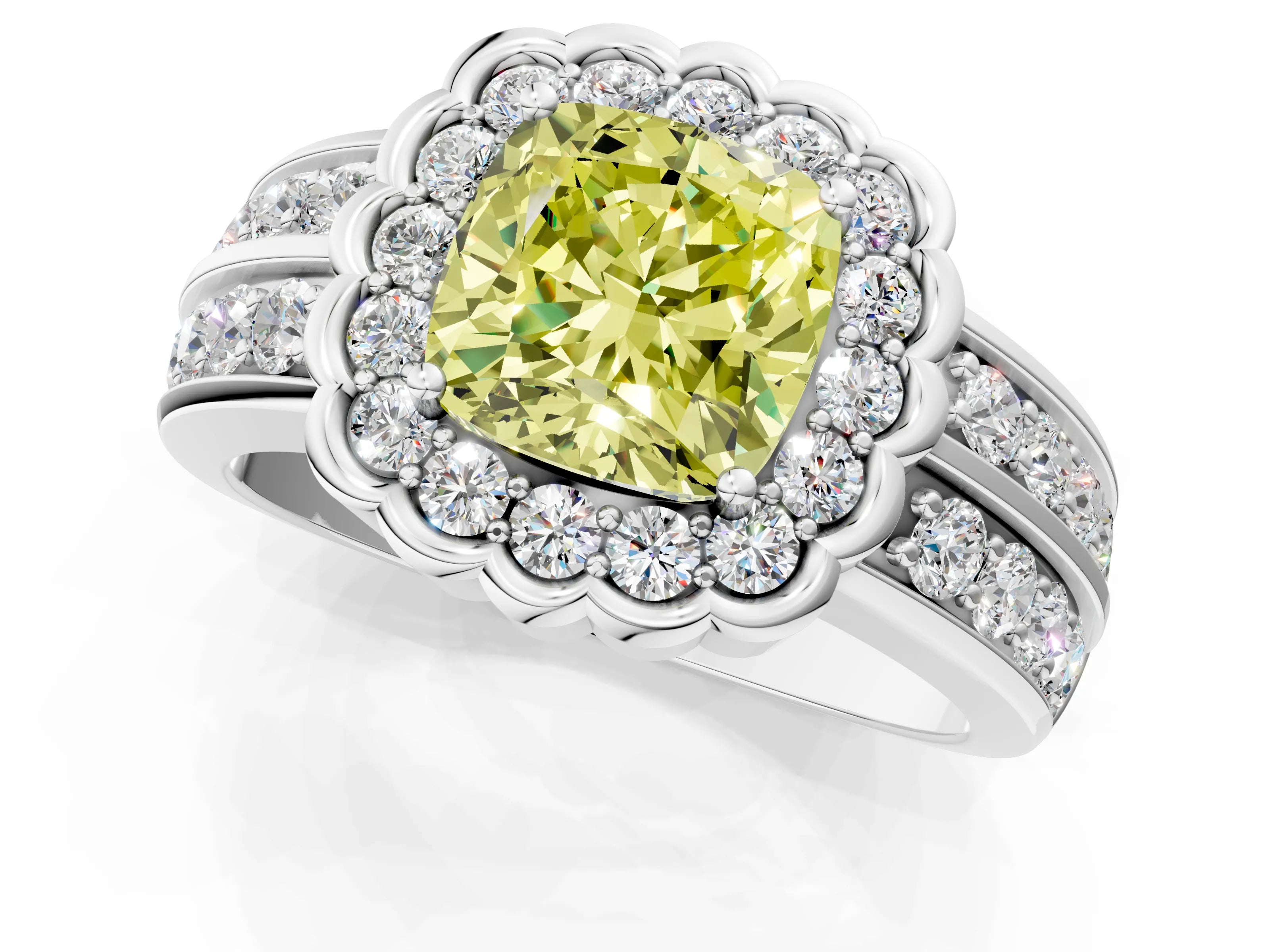 White gold Fancy Yellow Cushion Cut Halo Diamond Split Shank Ring with Scalloped Prong Setting_13