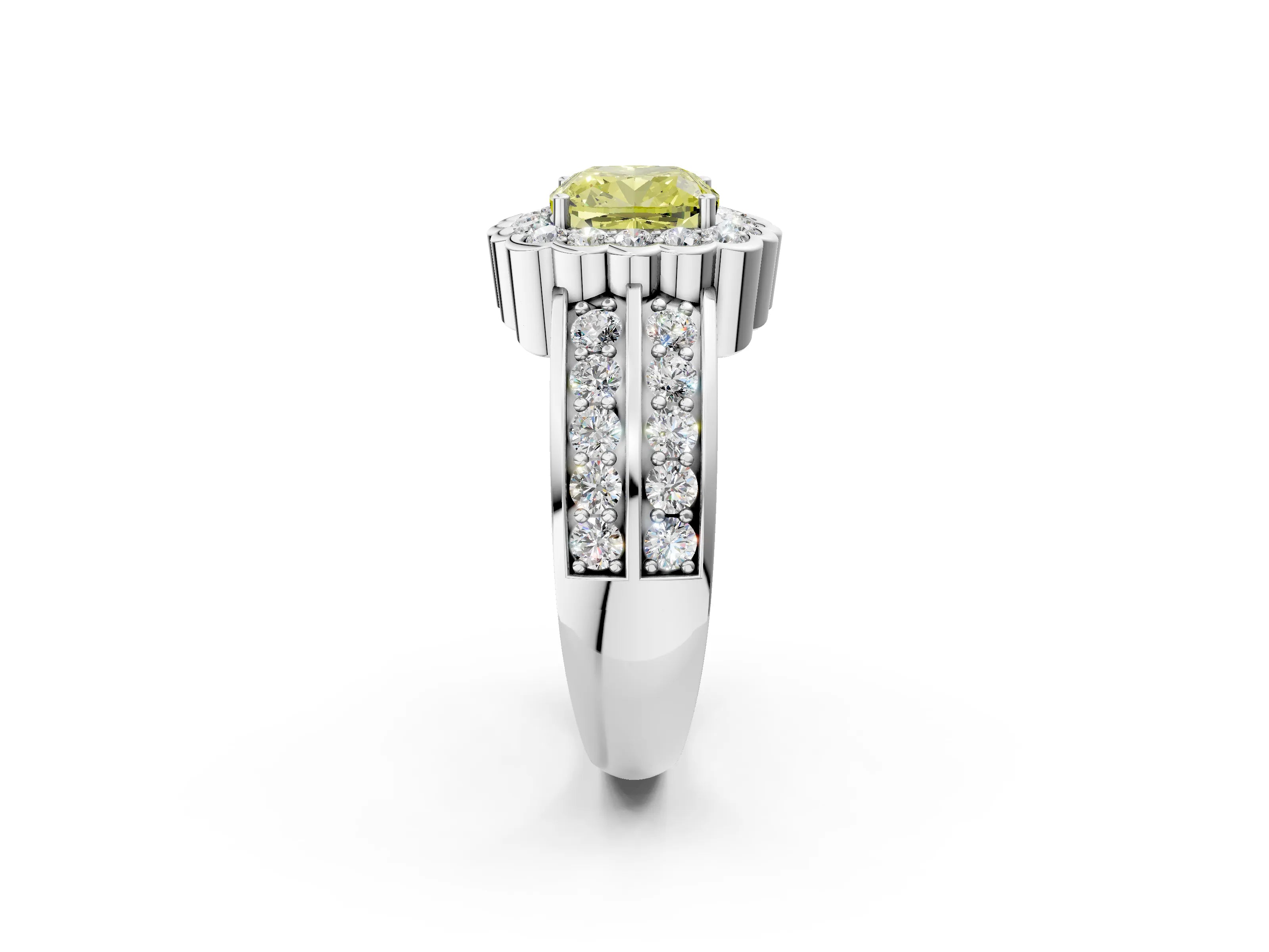 White gold Fancy Yellow Cushion Cut Halo Diamond Split Shank Ring with Scalloped Prong Setting_14