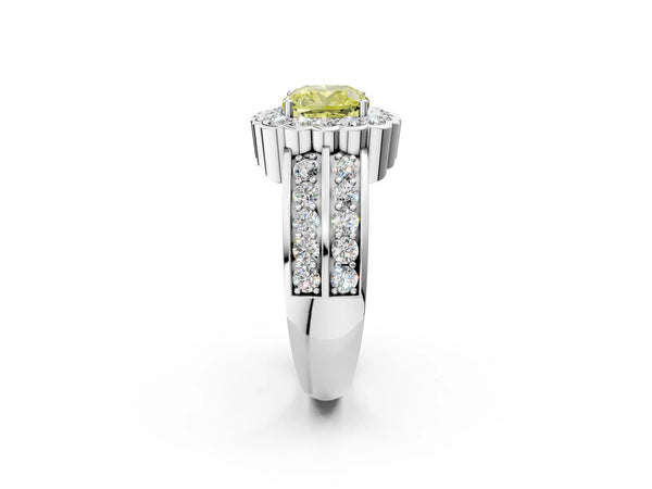 Platinum Fancy Yellow Cushion Cut Halo Diamond Split Shank Ring with Scalloped Prong Setting