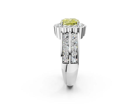 White gold Fancy Yellow Cushion Cut Halo Diamond Split Shank Ring with Scalloped Prong Setting_14