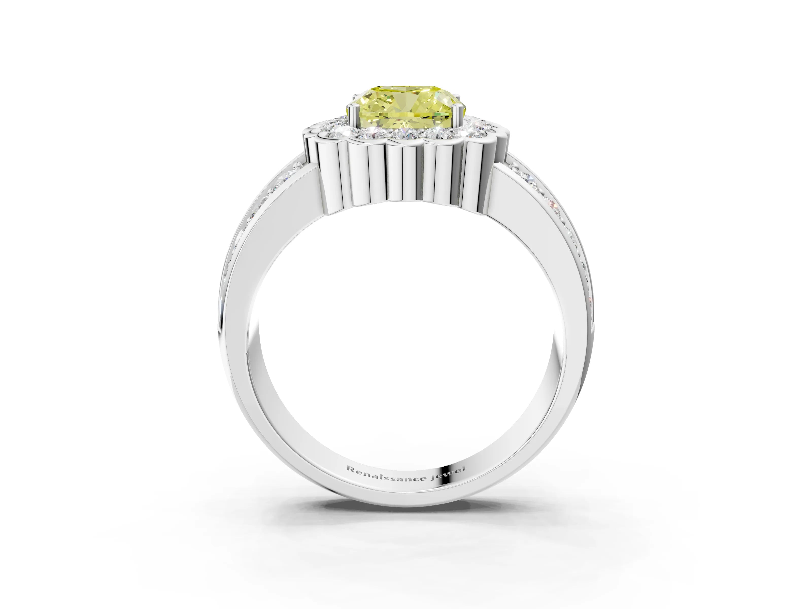 White gold Fancy Yellow Cushion Cut Halo Diamond Split Shank Ring with Scalloped Prong Setting_15